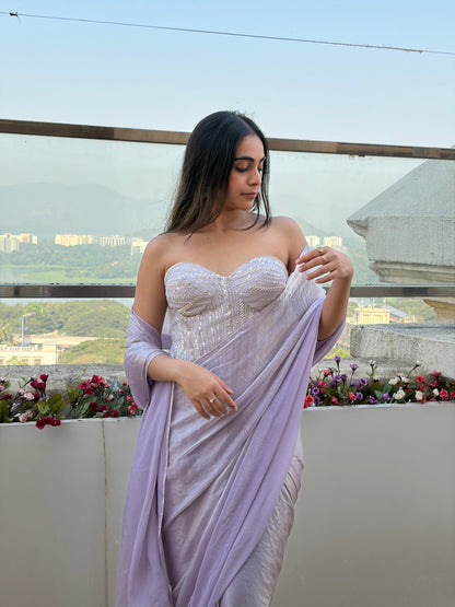 Lilac pre draped saree with corset blouse