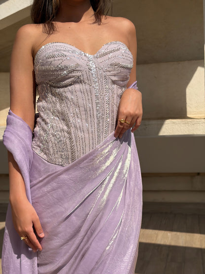 Lilac pre draped saree with corset blouse