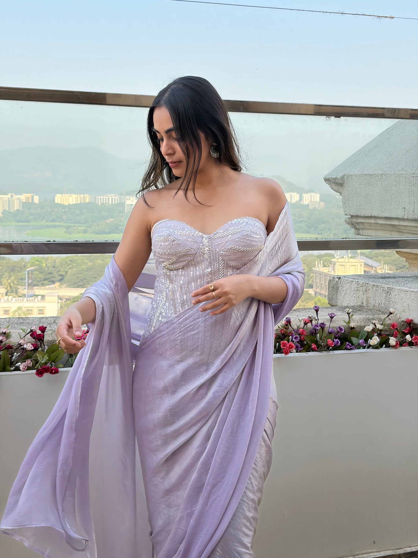 Lilac pre draped saree with corset blouse