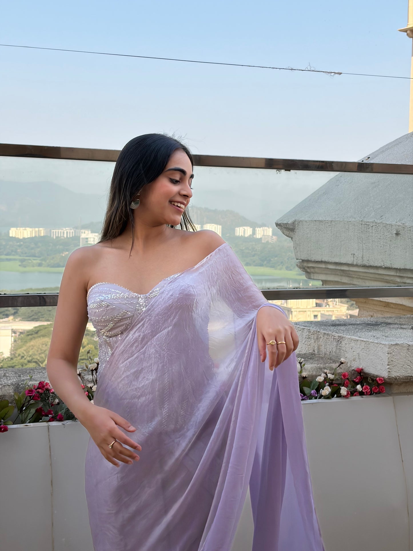Lilac pre draped saree with corset blouse